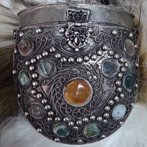 Vintage Silver Ornate Bag with Gemstones